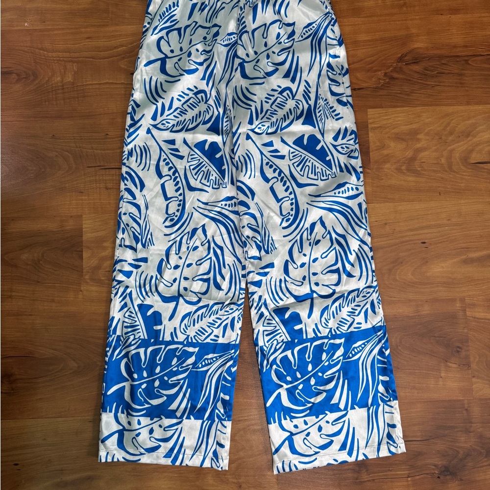 Commense Blue and White Leaf Print Silky Pants